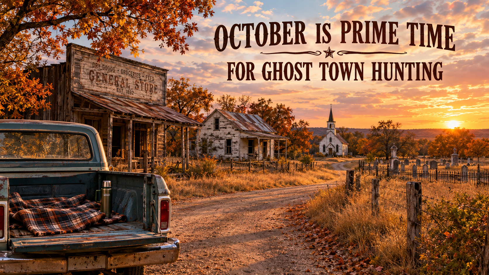 Photorealistic October sunset over a deserted Texas ghost town, with weathered wooden buildings, an abandoned white house, small church, old cemetery, golden grasses, orange oak trees, and a vintage pickup truck with a plaid blanket and thermos.